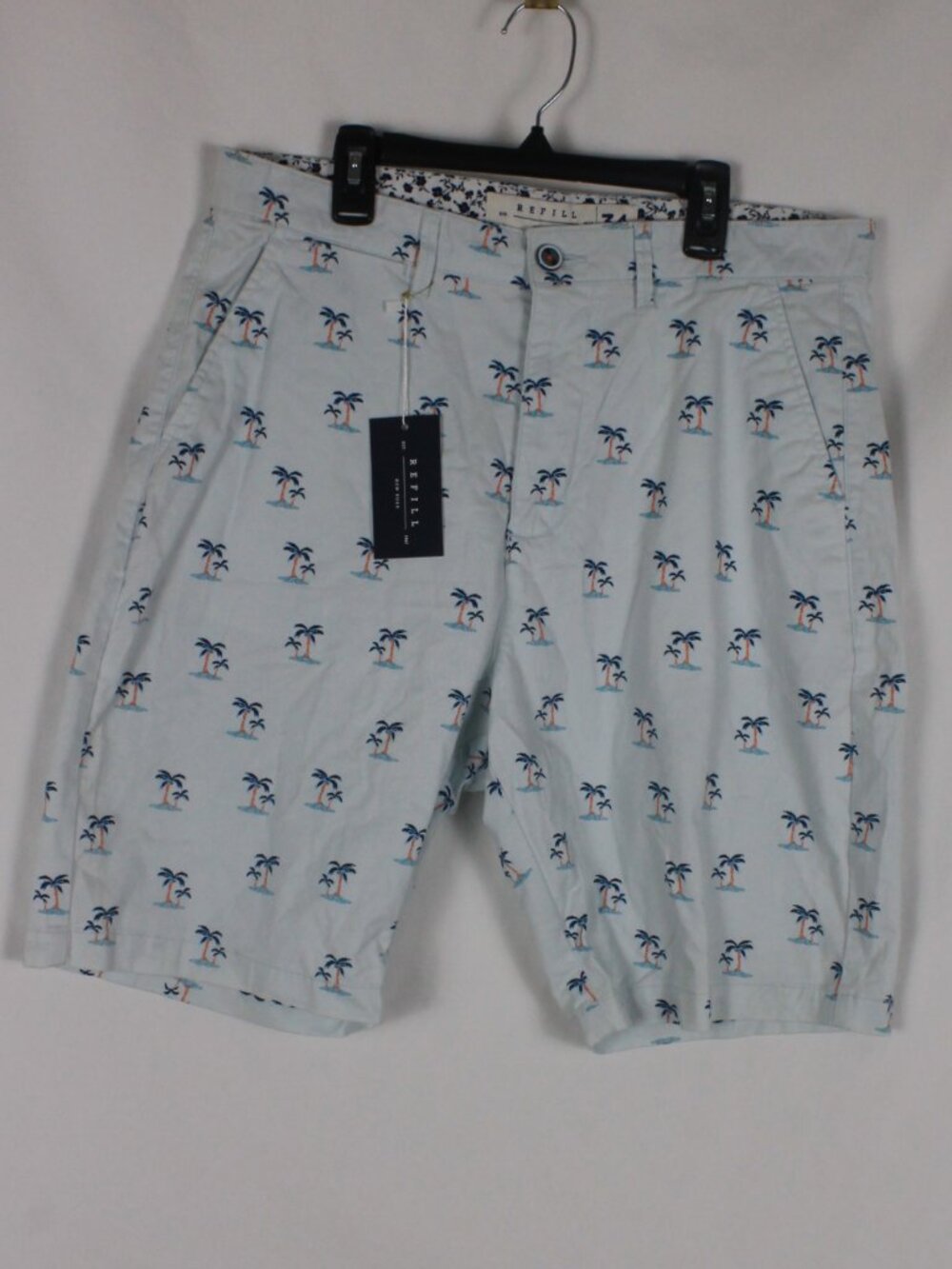 Refill New York Men's Size 34 Palm Tree Print Chino Shorts Light Blue Cotton